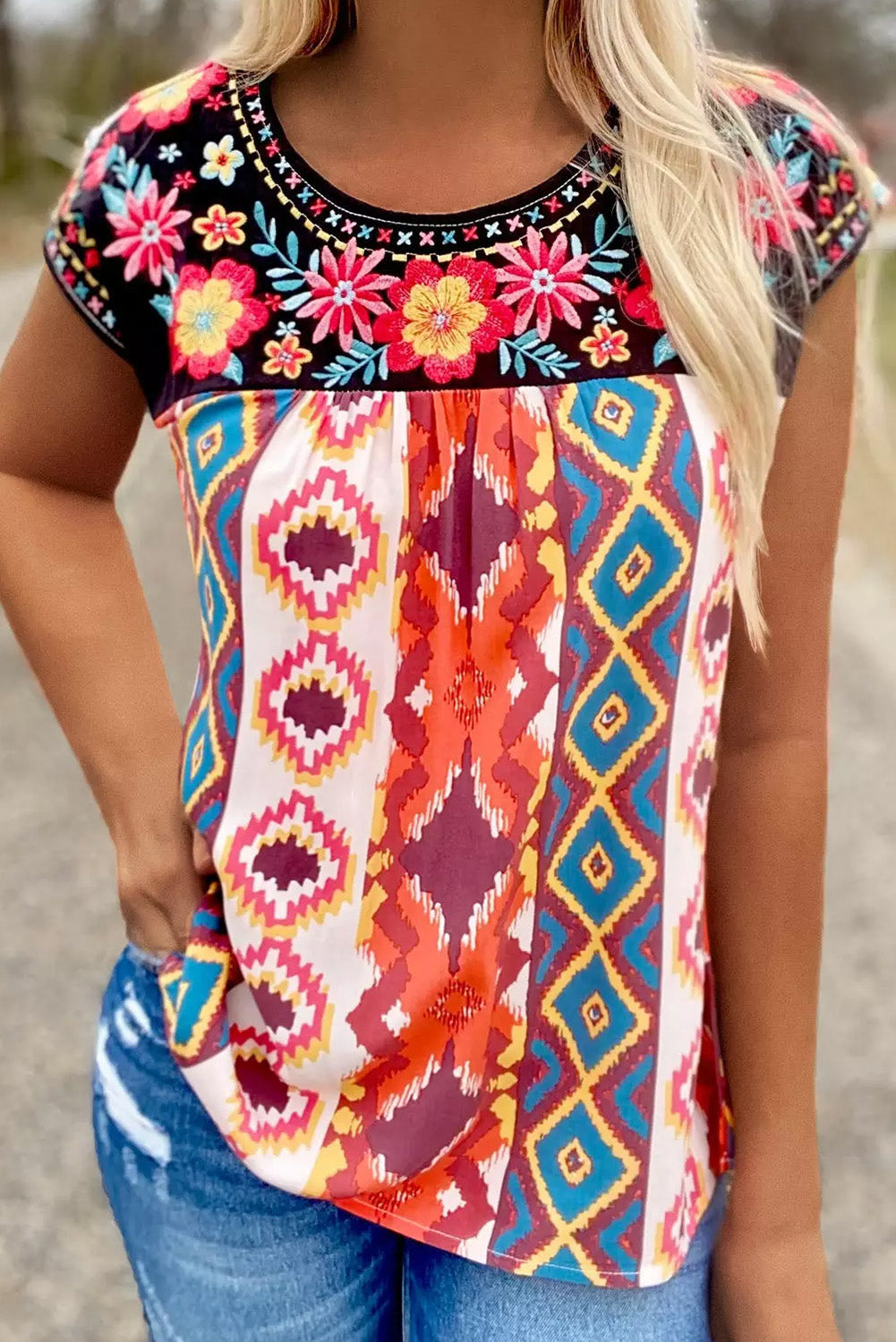 Arie Aztec Floral Geometric Top