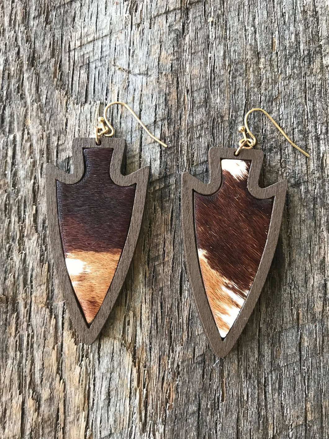 Belle Brown Cowhide Wood Arrowhead Earrings