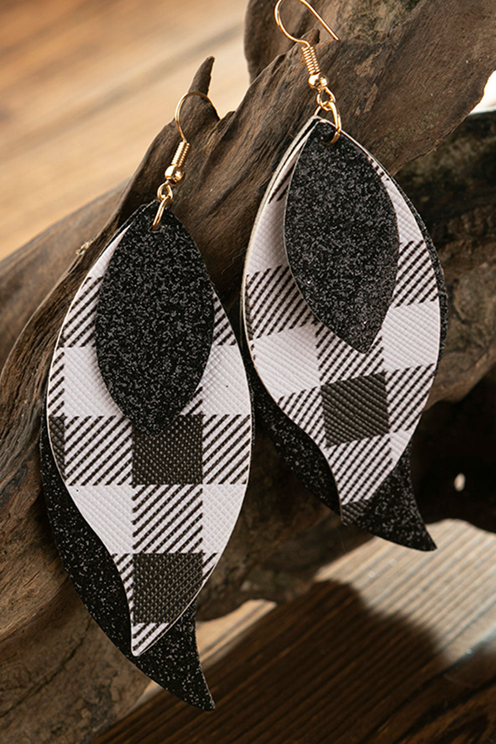 Brie Black Plaid Shiny Triple Layer Earrings