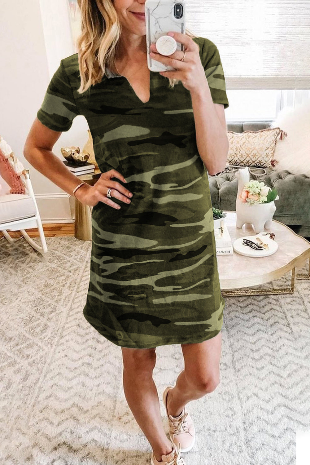 Charlie Camouflage V Neck T-shirt Dress