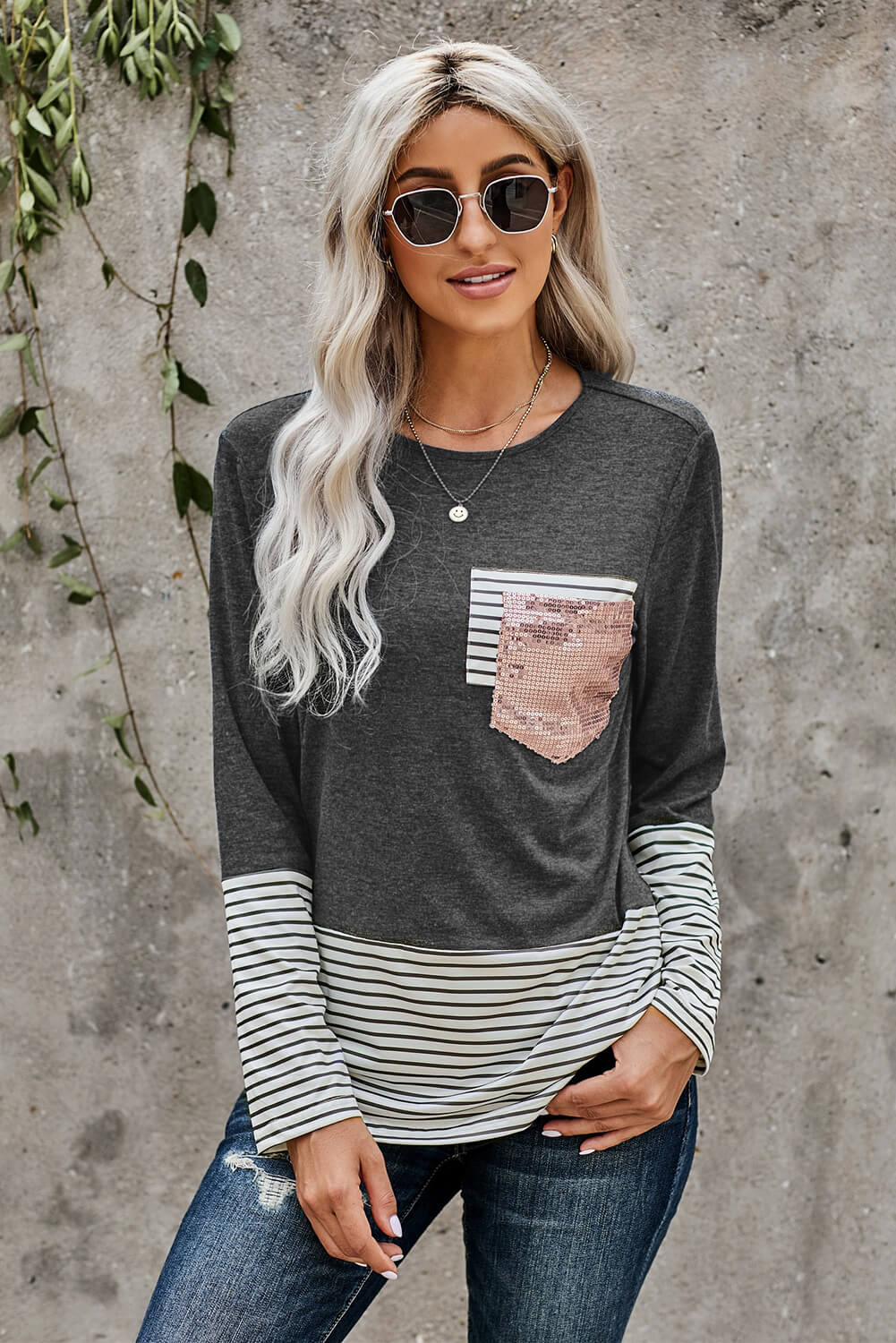 Selena Stripe Pocket Sequin Long Sleeve Top