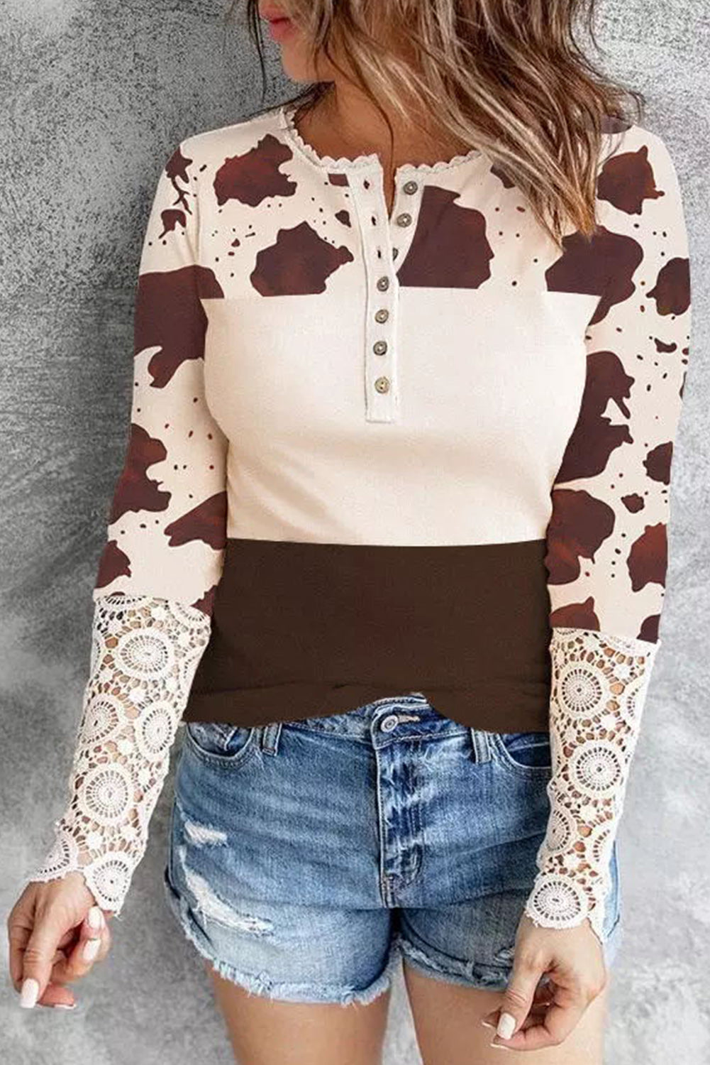 Camryn Cow Print Lace Cuff Long Sleeve Top