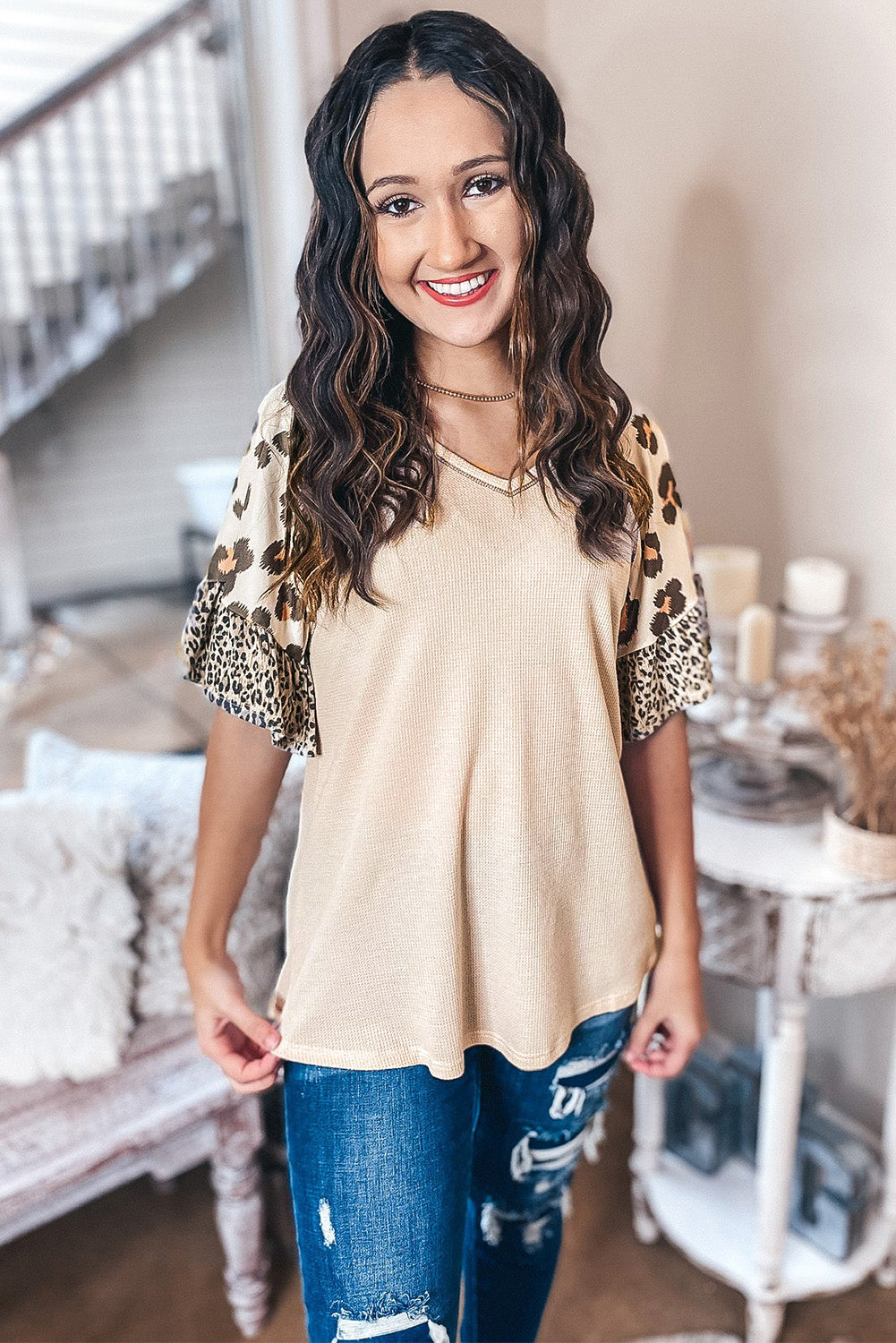 Lena Leopard Ruffle Sleeve Waffle Knit Top