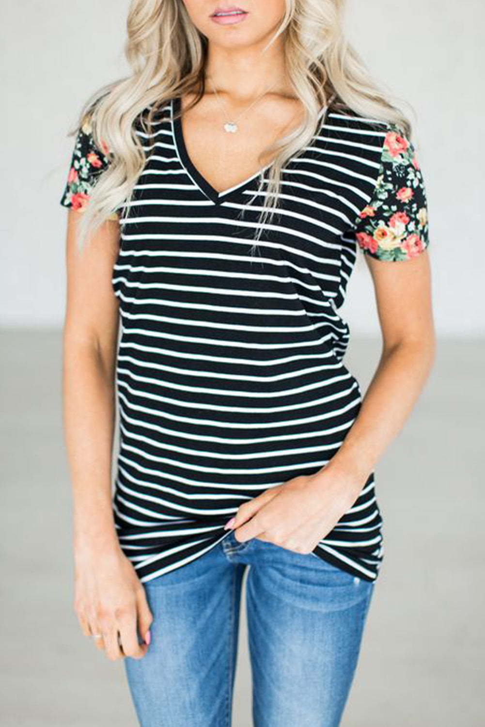 Freya Floral Sleeves Striped Tee