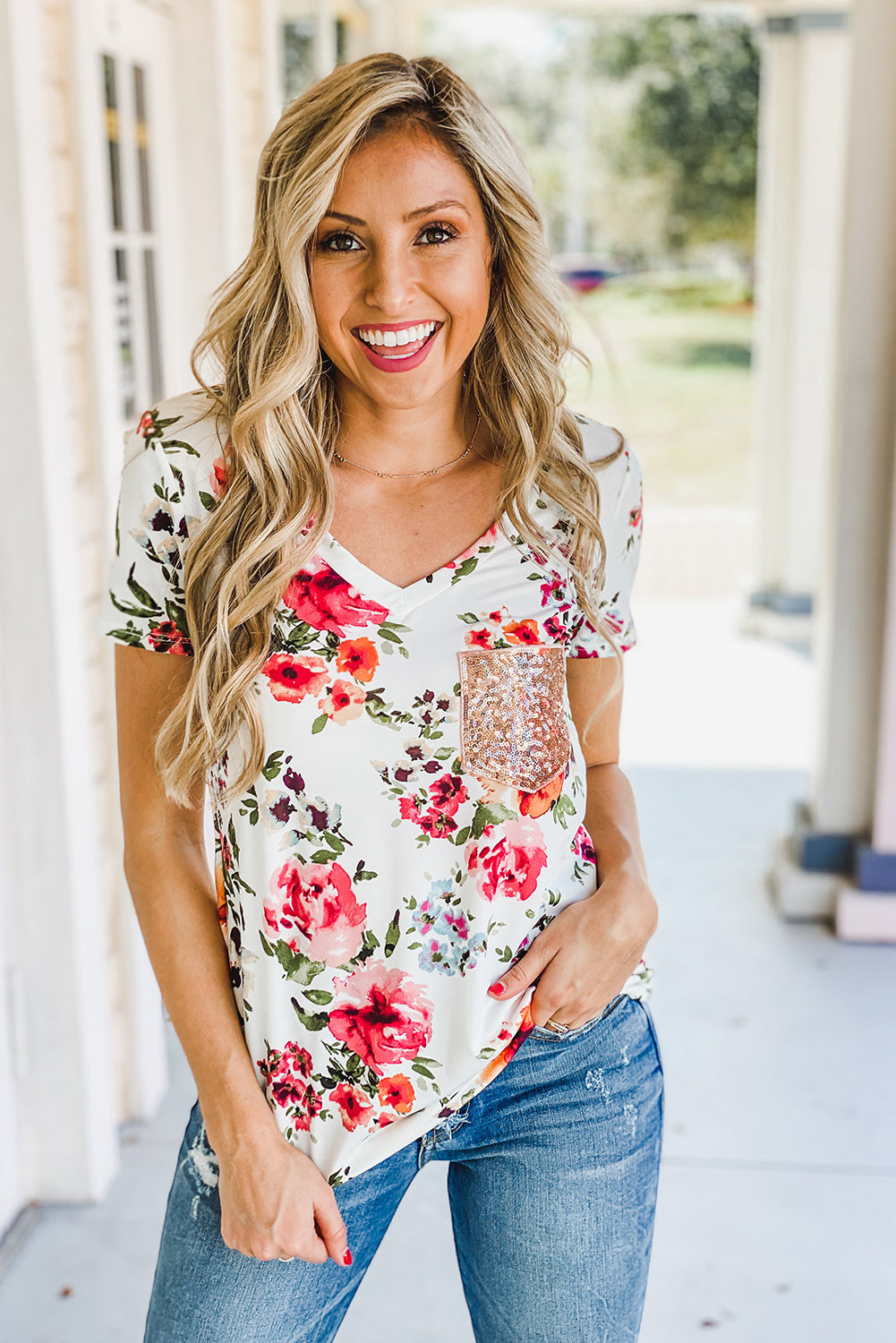 Flora Floral Sequined Pocket V Neck Tee