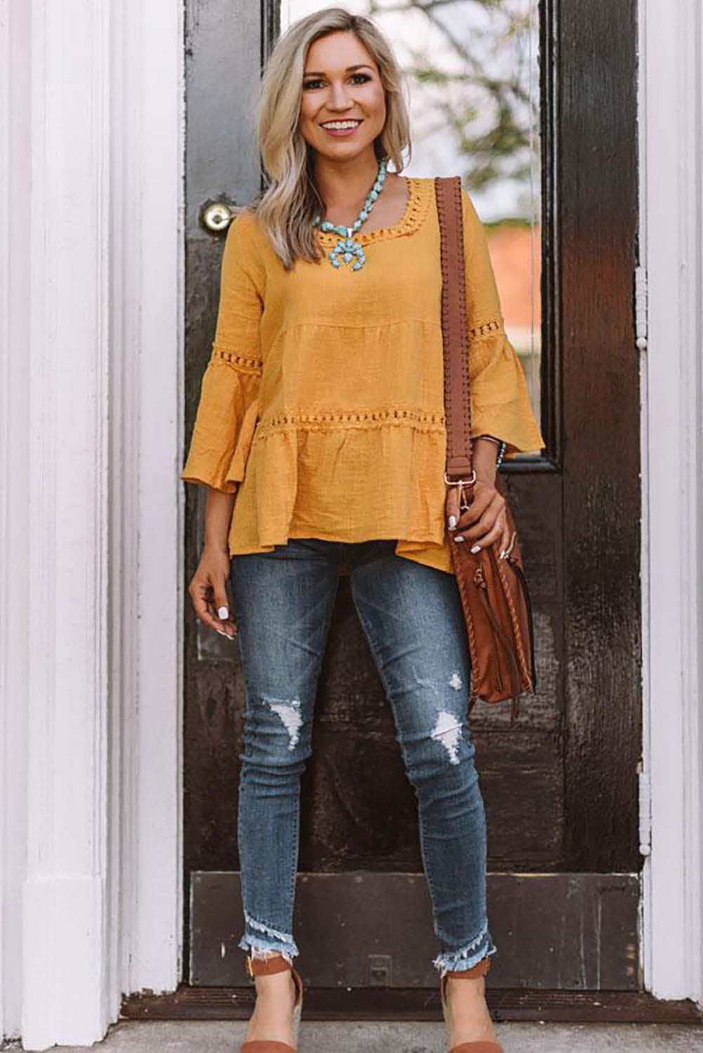 Magnolia Mustard Crochet 3/4 Flared Sleeve