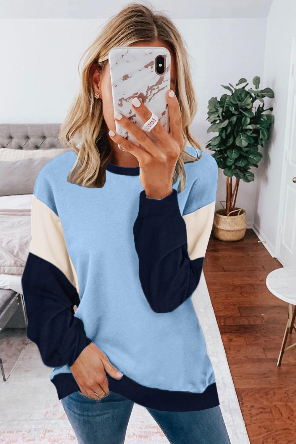 Blue Colorblock Pullover Sweatshirt