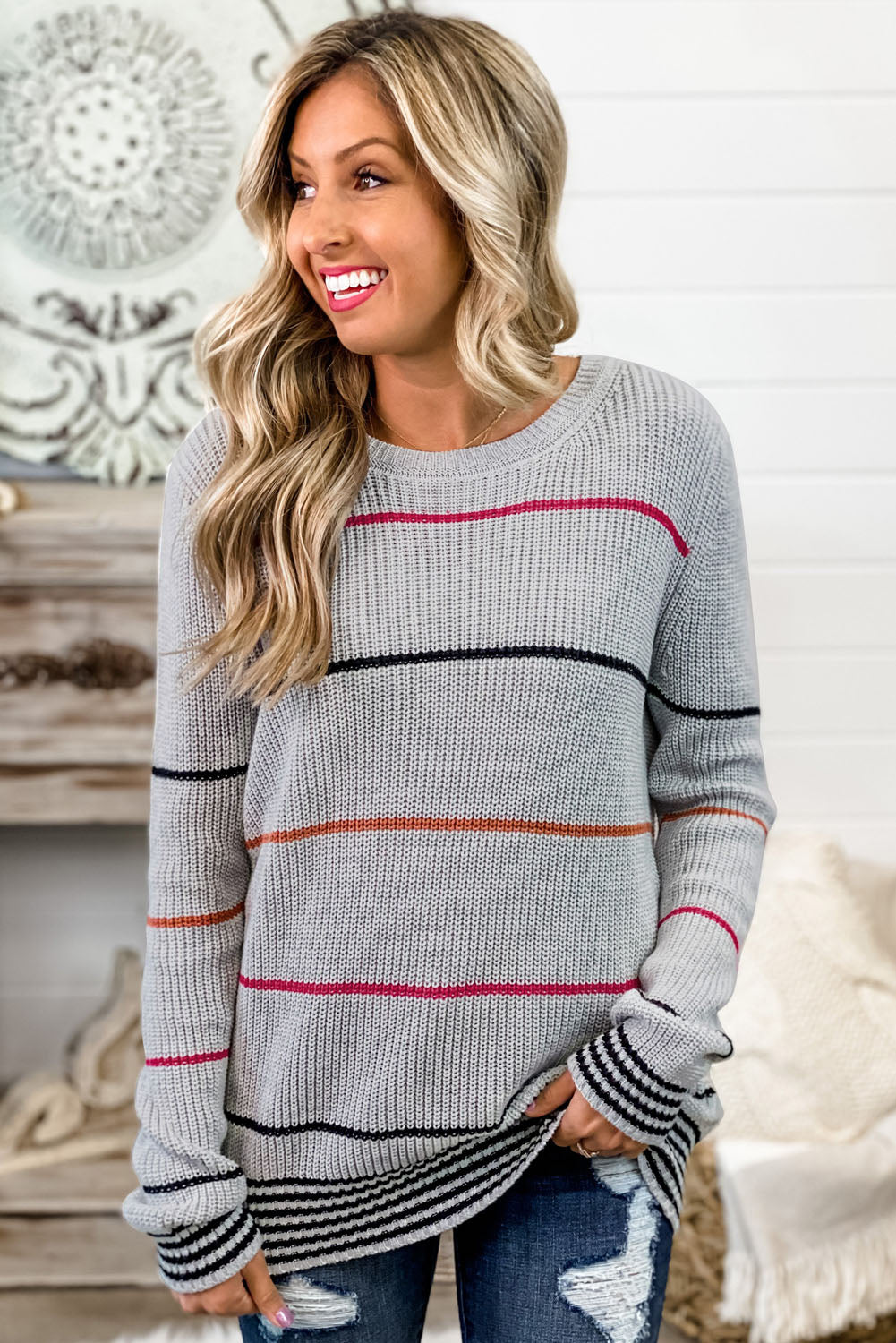 Gray Ribbed Knit Striped Sweater