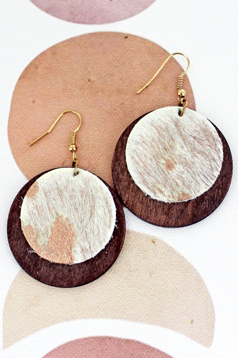 River Rose Gold Cowhide and Wood Layered Disk Earrings