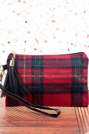 Perla Plaid Tassel Wristlet Pouch