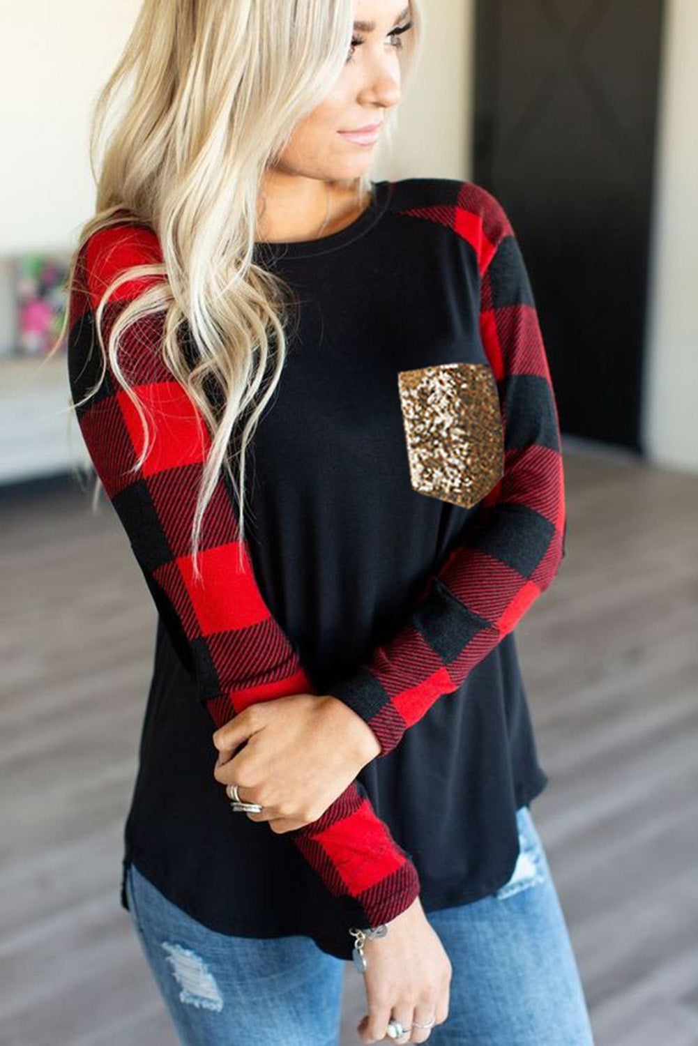 Silvia Sequined Pocket Plaid Top