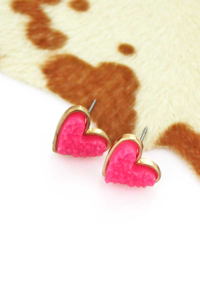 Neon Pink Druzy Heart Studs