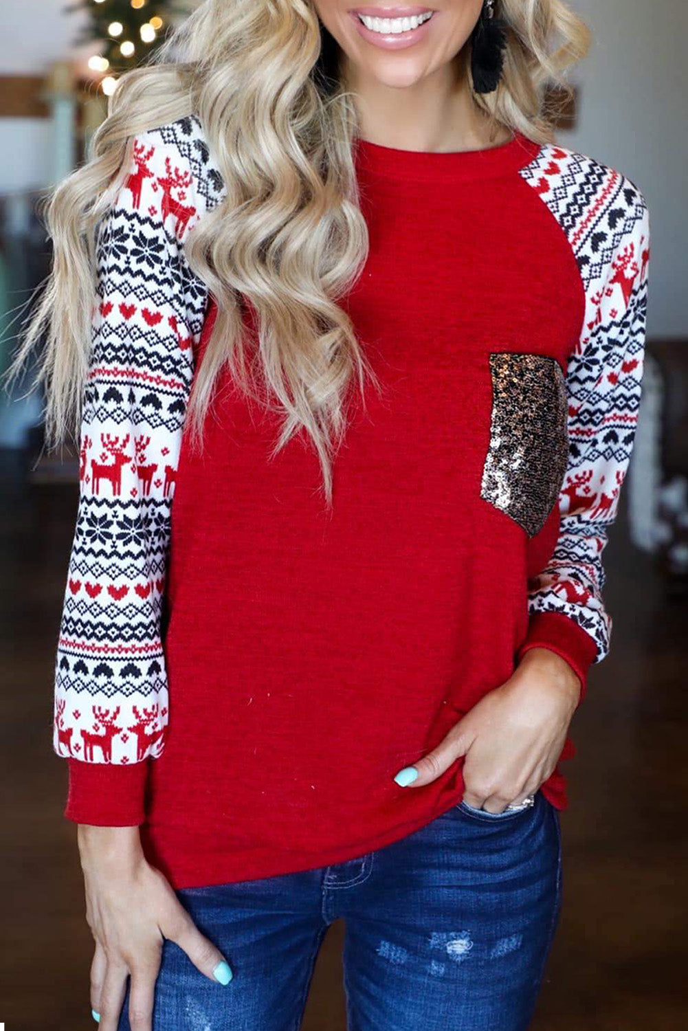 Claus Christmas Print Sleeve Sequin Top