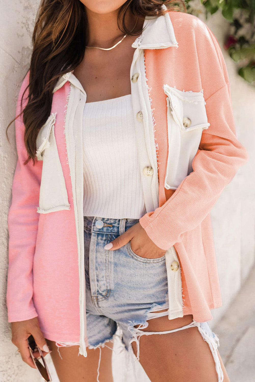 Paula Pink Contrast Distressed Knit Shacket