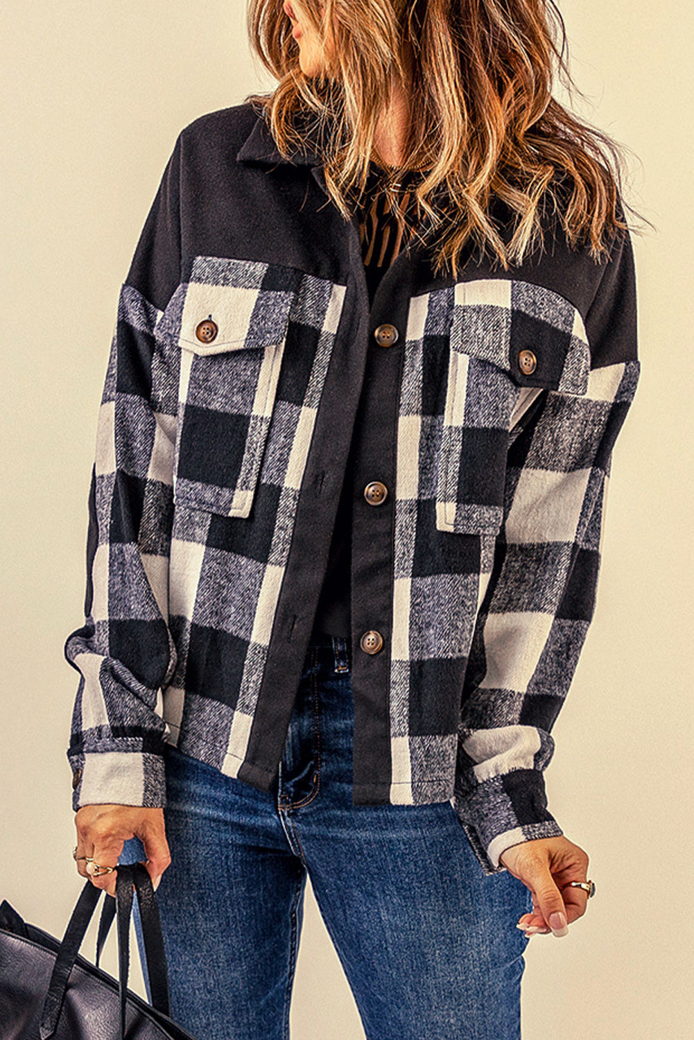 Brittani Black Plaid Patchwork Buttoned Shacket