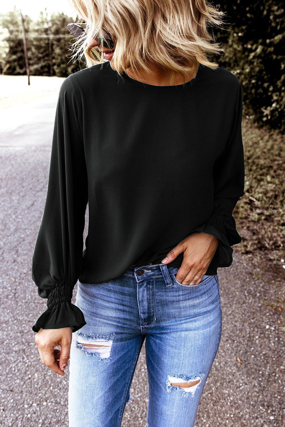 Brinkley Black Ruffle Bubble Sleeve Top