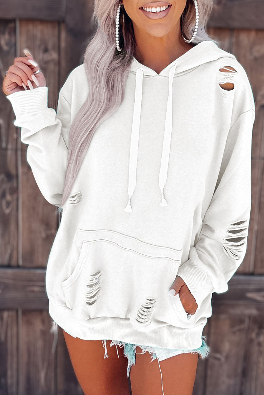Winter White Ripped Hooded Sweatshirt – In Full Bloom Boutique