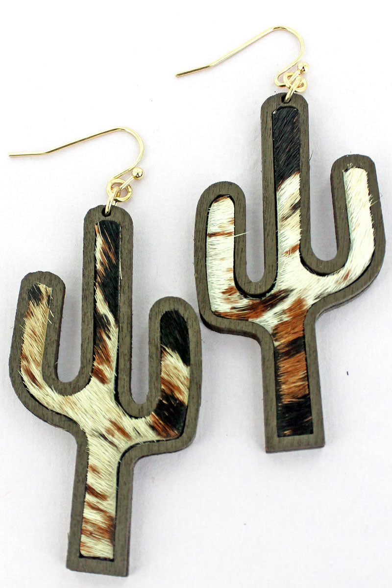 Cactus Cowhide Wood Earrings