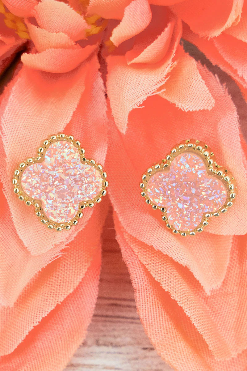 Clover Pink Iridescent Druzy Stud Earrings